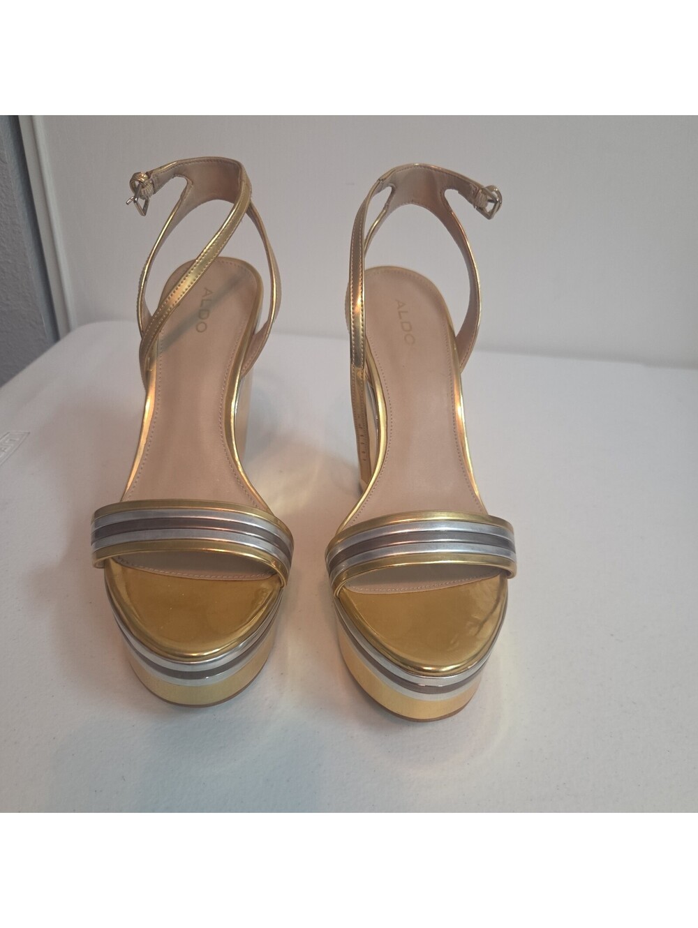 women's gold and silver strappy platform wedge sandals by Aldo size 10